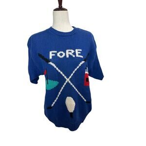 Vintage 1980s Short Sleeve Blue Hand Knit Pullover Sweater FORE Golf Graphic